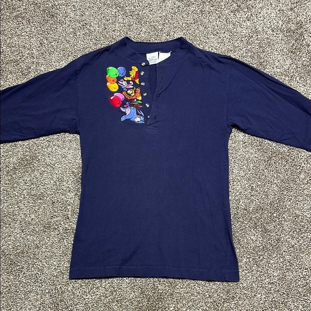 Vintage Disney Store Embroidered Henley Baseball Winnie Pooh Friends Windy SMALL